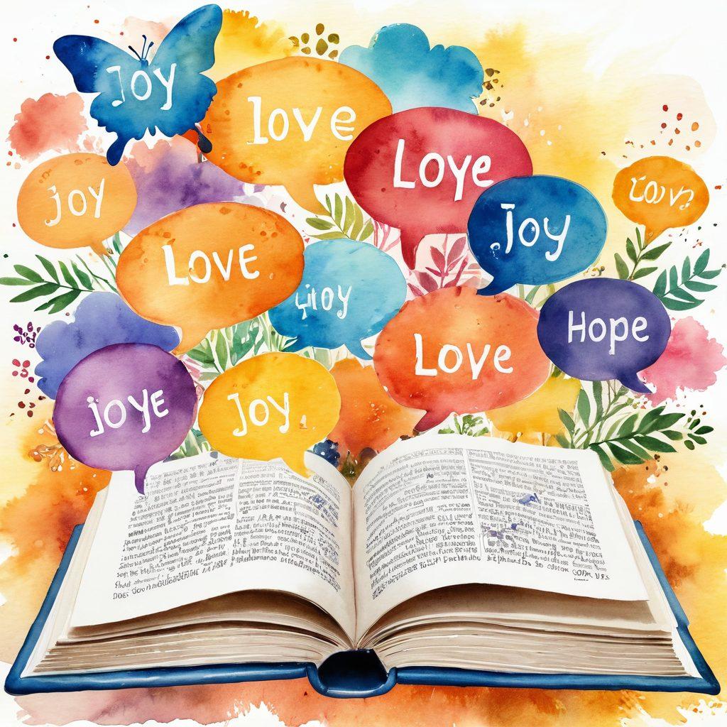 An open book surrounded by colorful speech bubbles filled with positive words like 'Joy', 'Love', and 'Hope'. A warm, inviting atmosphere with soft sunlight streaming in, highlighting the expressions. Include a serene background with nature elements like flowers and butterflies to symbolize growth and positivity. watercolor style. vibrant colors. soft focus.