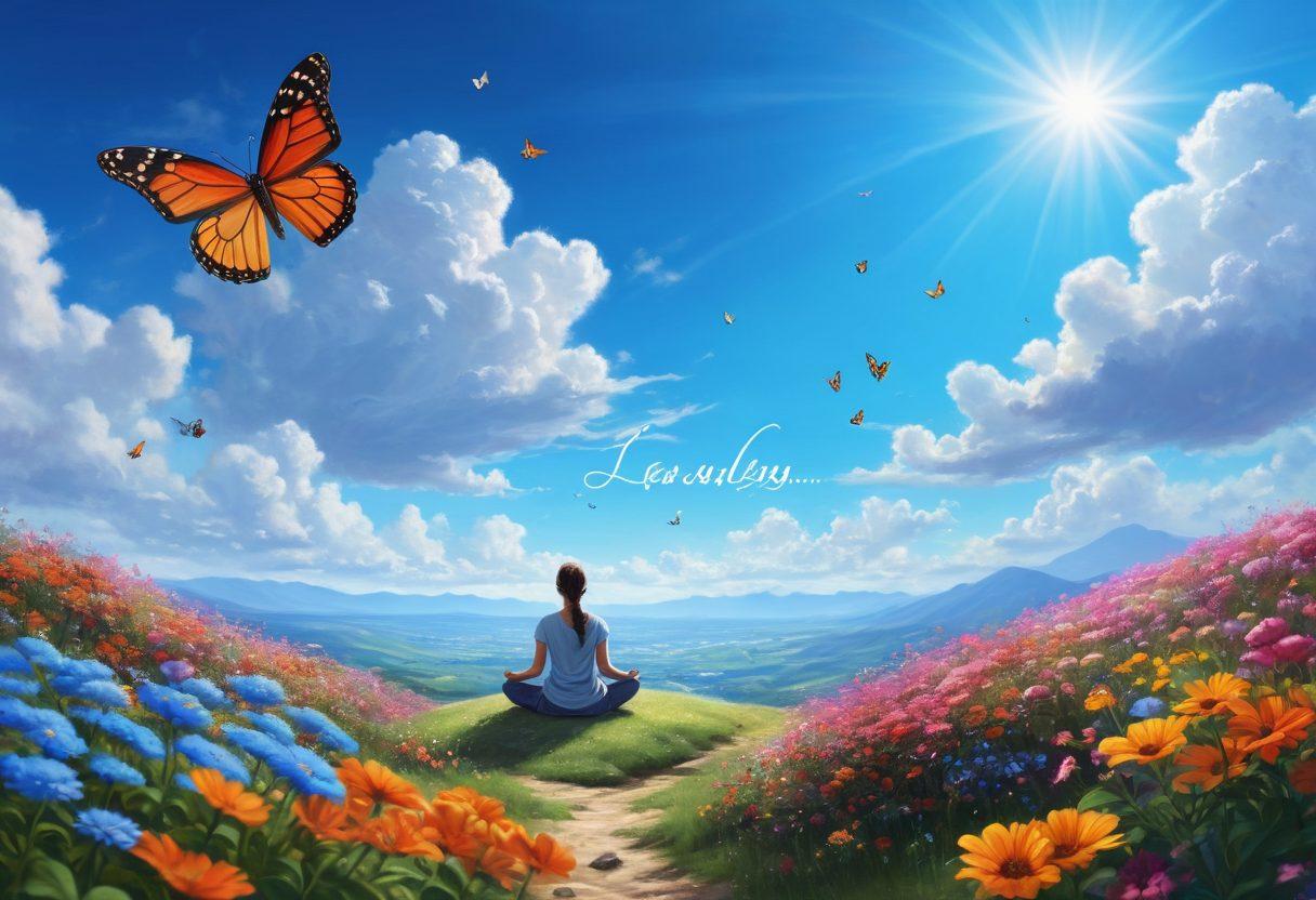 A serene landscape featuring a person meditating on a hilltop under a bright blue sky, surrounded by colorful flowers and butterflies. In the background, uplifting words like 'joy', 'peace', and 'gratitude' are artistically integrated into the scenery. The overall atmosphere conveys a sense of bliss and tranquility. vibrant colors. super-realistic.