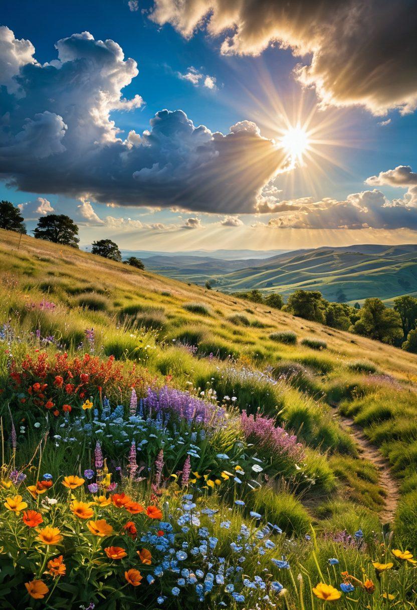 A radiant sun breaking through fluffy clouds, illuminating a tranquil meadow filled with colorful wildflowers, each tagged with uplifting words like 'joy', 'hope', and 'smile'. A gentle breeze rustles the flowers, creating a sense of movement and lightness. In the background, a serene landscape with distant hills and a clear blue sky enhances the feeling of peace and happiness. super-realistic. vibrant colors. bright background.